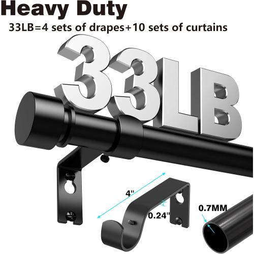 2 Pack Black Curtain Rod 17 to 58 inch for Window 48 inch, Adjustable Heavy Duty Thick Matte Black Modern 4 ft