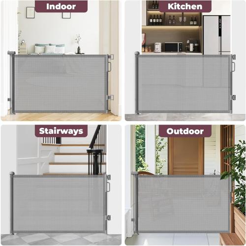 Retractable Baby Gate for Stairs, 55 Wide Mesh Dog Gate Indoor, 34 Tall Child Gate for Doorways, Hallways, Deck, Indoor Outdoor Pet Baby Safety Essentials for Home, Grey
