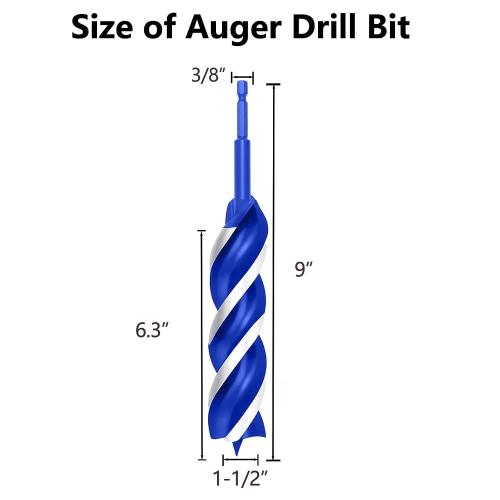 1-1/2 Inch Auger Drill Bit for Wood, 9 Long Carbon Steel Quick Change Hex Shank Wood Drill Bit for Hardwood, Softwood and Plastic (Blue)