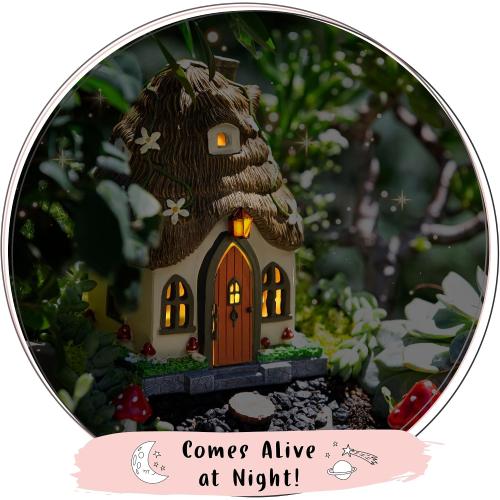 WILD PIXY Fairy Garden House - Glow in The Dark Fairy Cottage with Opening Door and Solar LED Light, Beautiful Miniature Garden Decoration for Indoor or Outdoor Fairy Gardens - 7.1 Fairy House