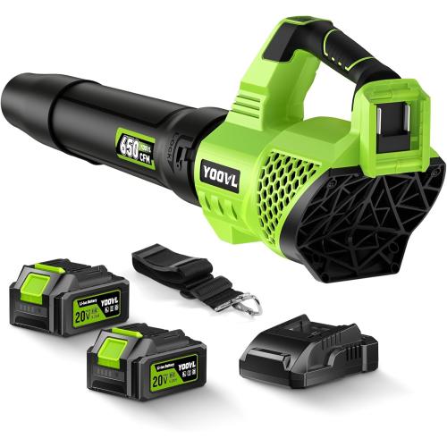 Leaf Blower Cordless, 650CFM Electric Leaf Blowers with 2 x 5.2Ah Batteries and Charger, 3 Speed Modes, 1 x Adjustable Shoulder Strap, Powerful Snow Blowers for Lawn Care, Patio, Dust, Blowing Leaves