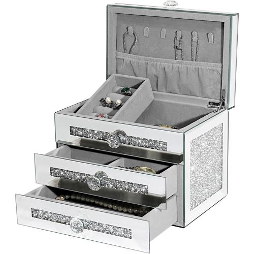 Mirrored Jewelry Box, 3-Layer Glass Jewelry Organizer with Lid & 2 Drawers, Silver Crushed Diamond Home Decor, Fancy Gift for Her (9.3 L x 6.3 W x 7.1 H)‼️ slight imperfection with diamonds on right side small light scratches on glass‼️