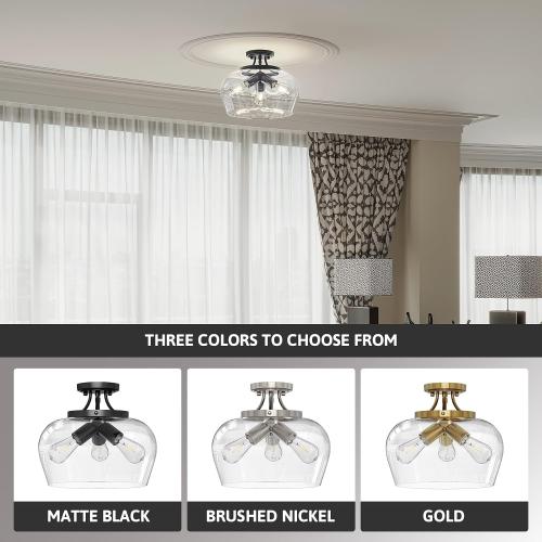 VONLUCE Semi Flush Mount Ceiling Light, 13.8 Ceiling Light Fixture with Clear Glass Shade, E26 Base, 3-Bulb Industrial Lighting Fixture for Hallway Entryway Bedroom, Matte Black, ETL Certificated