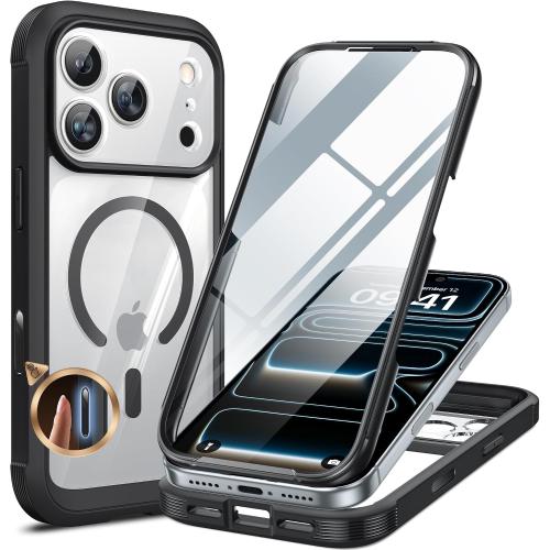 Miracase for iPhone 17 Pro Case 6.3, Full-Body Bumper Military Drop Protection Outdoor Phone Case with Built-in Glass Screen & Full Camera Protector,Camera Control,Compatible with MagSafe,Black
