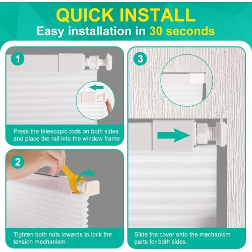 No Drill Cellular Shades Light Filtering Honeycomb Blinds 32 Wx48 H White | No Tool No Drill Design for Super Easy Installation,Cordless Design for Kids & Pets Safety,Aluminum Top Rail & Bottom Rod