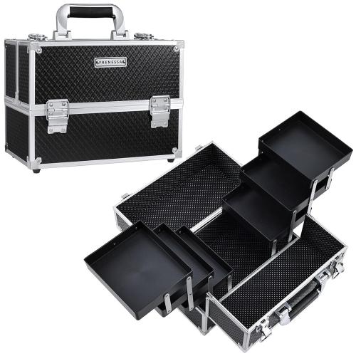 FRENESSA Makeup Train Case Makeup Case 11.8 Inch Large Cosmetic Box Organizer Travel Storage Professional Make Up Train Carrying Case with 6 Trays Locking Hard Vanity Storage Black