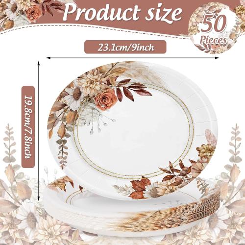 Fall Boho Floral Paper Plates, 9 Inch Autumn Flower Oval Disposable Plates
