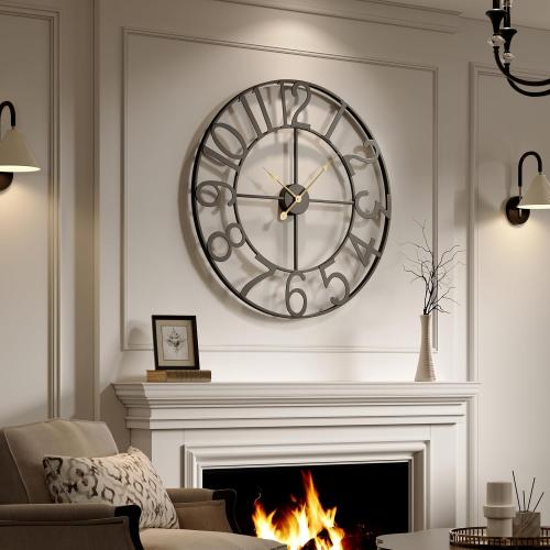 Cuspin Large Wall Clock for Living Room Decor, 30 Inch Decorative Wall Clocks Battery-Operated Silent Non Ticking Metal Modern Black Round Clock Arabic Numerals