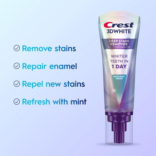 Crest 3D White Deep Stain Remover Brilliant White Toothpaste, 3.1 oz (Pack of 2), Whiter Teeth in 1 Day, Enamel Safe Fluoride Toothpaste for Fast Stain Removal and Prevention