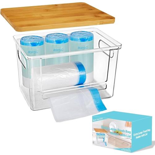Riian Trash Bags Dispenser, Trash Bag Holder, Stackable Garbage Bag Holder with Bamboo Lid, Acrylic Storage Container for Under Sink, Laundry Room Organization and Storage (1 Pack)