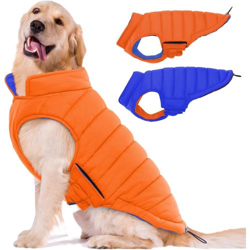 Lelepet Reversible Large Dog Coat Waterproof Dog Jacket Windproof Puffer Vest for Winter Warm Lightweight Coats for Medium Dogs Adjustbale Hook & Loop Pet Apparel with Leash Hole, French Bulldog, Orange, L