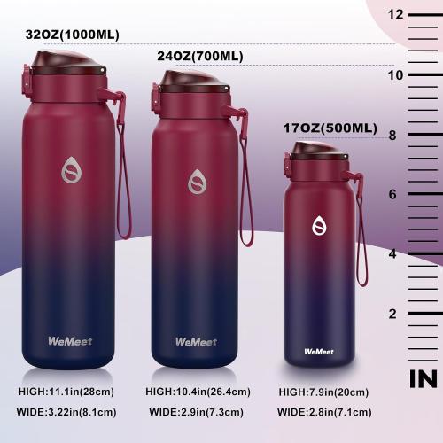 WEMEET 32oz Water Bottle with Removable Straw and Spout Lid Two Ways to Drink, 18/10 Stainless Steel Insulated Water Bottle, BPA-Free, Leak Proof, Double wall, for Sports, Gym