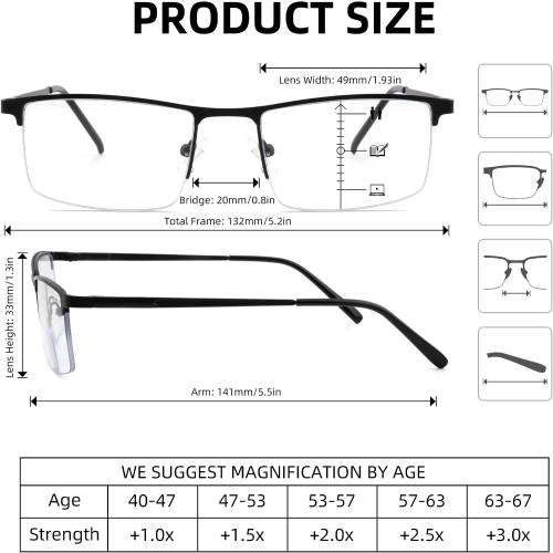 Progressive Reading Glasses for Men,Lightweight Metal Multifocus Readers,Premium Half Frame Blue Light Blocking Eyeglasses 2.50