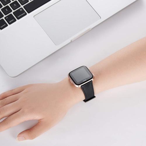 WFEAGL for Fitbit Versa Band, Top Grain Leather Band for Fitbit Versa Fitness Smart Watch (Black Band   Black Buckle)