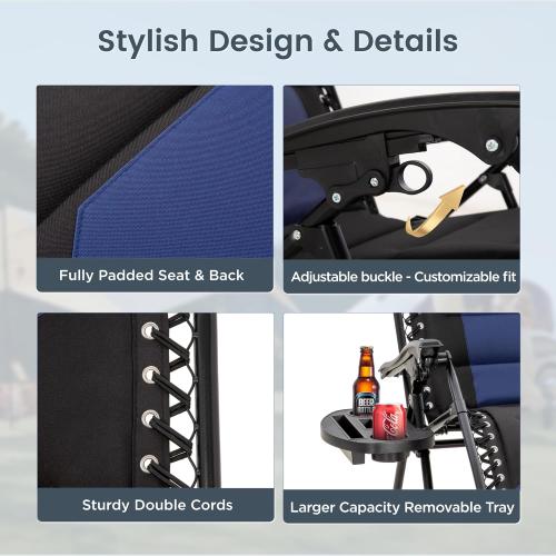 PHI VILLA Zero Gravity Chair Set of 2, Padded Anti Gravity Recliner, Oversized 28 Wide Seat, Foldable Patio Lounger with Armrest & Cup Holder, Supports 400 LBS (Blue Black)