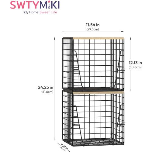SWTYMIKI 2PCS Closet Organizers and Storage - Stackable Closet Basket with Wood Top Shelf, Clothes Storage Shelves, Clothes Drawer Bins for Wardrobe, Bedroom, Entryway, Black