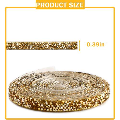 3 Yards Gold Resin Rhinestone Ribbons Self-Adhesive with Glitter Diamond Ribbon Crystal Strips Roll for DIY Art Crafts and Clothing Decoration (0.4 Inch)