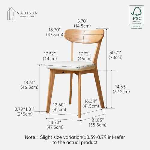 100% Solid Oak Dining Chairs, Mid Century Modern Dining Chair with Curved Backrest, Fabric Upholstered Dining Chairs for Kitchen, Study, Living Room (2, Original Wood-Pear White Cushion)