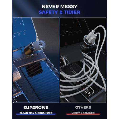 SUPERONE Retractable Car Charger, 4-in-1 Fast Phone Charger Adapter