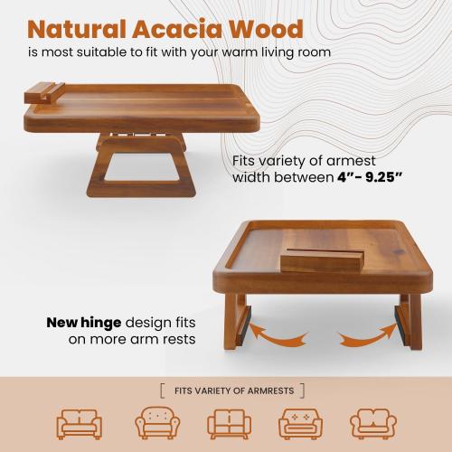 Tinamo 15.7 x 11 Large Couch Arm Table with 360 Rotating Phone Holder - Sofa Arm Clip Table for Living Room - Sofa Armrest Tray Wide Couches - Wooden Side Tables for Eating and Drink (Acacia Wood)