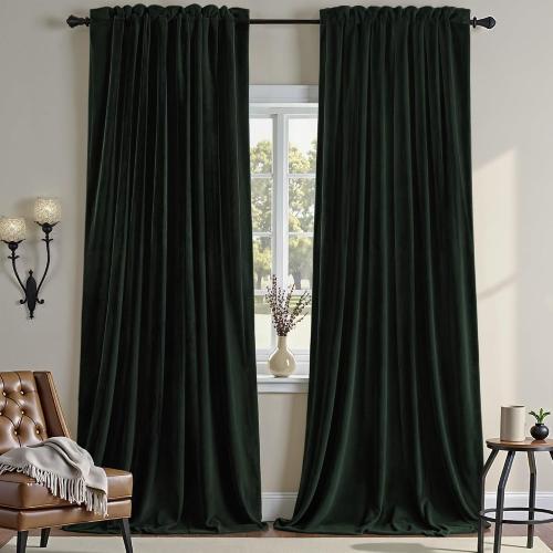 Nemia Dark Green Velvet Curtains Thermal Insulated Blackout Curtain for Bedroom Window Living Room Darkening Luxury Vintage 104 Inches Long Heavy Drapes Panels Rod Pocket Set of 2