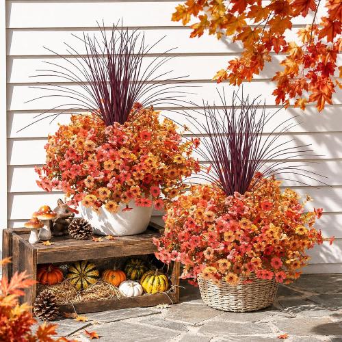 Fall Flowers Artificial Mums for Outdoors Autumn Decor, 12 Bundles Fake Fall Mums with 1 pcs Burgundy Grass UV Resistant Realistic Faux Flowers for Outside Home Porch Patio Planter Yard, Orange Yellow
