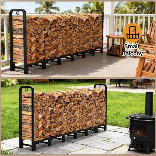 Garvee 8 ft Metal Firewood Rack, Adjustable Fire Wood Rack with 2 Lock Rings, Indoor Outdoor Log Holder, Heavy Duty Firewood Holder, Holds Up to 660 LB, Matte Black