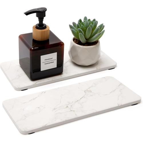 2 Water Absorbing Stone Drying Trays for Bathroom Sink Kitchen Soap Counter