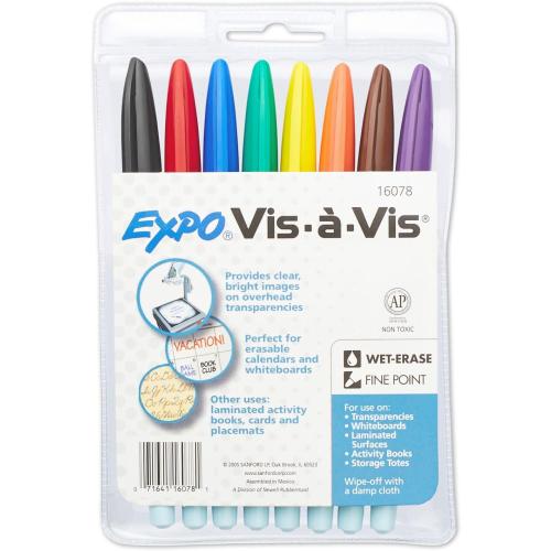 EXPO Vis-a-Vis Wet Erase Markers, Semi-Permanent, Assorted Colors, Ultra Fine Tip, 8 Count - For Writing on Glass, Whiteboards, Mirrors, Calendar, Labeling, Organizing