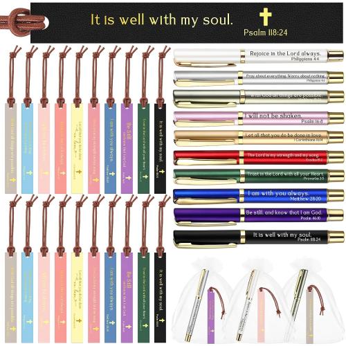 Spakon 30 Sets Christian Gifts for Women, Leather Christian Bookmarks Inspirational Religious Pens Motivational Scripture Bible Verse Bookmarks with Bag for Sunday School Church Teacher Employee Team