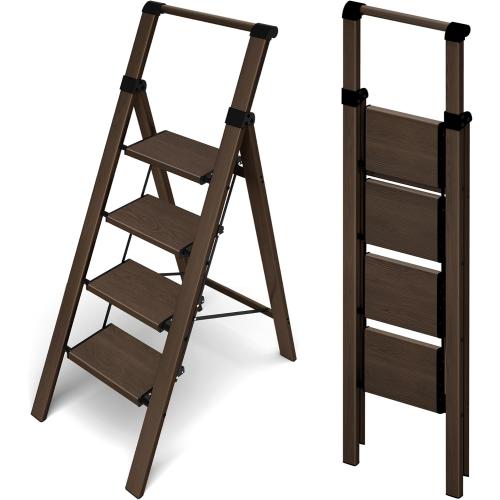 HillhutApex 4 Step Foldable Aluminum Step Ladder with Handgrip, Anti-Slip Pedal, 330lbs Capacity, Lightweight & Portable for Home, Kitchen, Office, Garage (Walnut)