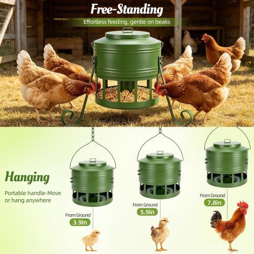 Chicken Feeder No Waste for Coop & Outdoors, 12 Port 20lbs Heavy Duty Metal Chicken Feeder, Poultry Feeder for Backyard Chickens, Smooth Edges for Safe Feeding (Green)