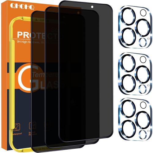 QHOHQ for iPhone 16 Pro Max Privacy Screen Protector   Camera Lens Protector, [Military Grade Shatterproof], Top 9H  Anti Spy Glass, Full Edge Coverage, Ultra Durable,with Installation Tool [3 3 Pack]