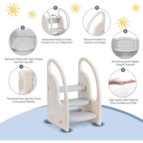 Toddler 3 Step Stool Onasti Kids Standing Tower for Toddlers Plastic Learning Helper Stool for Kitchen Counter Bathroom Sink Toilet Potty Training with Handles and Non-Slip Pads-Grey White
