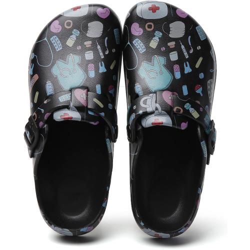 Size 8 Arch Support Nurse Clogs for Women: Non Slip Work Shoes Waterproof Garden Clogs - Adjustable Buckle Mules - Slip-On Cushion Slippers Slides
