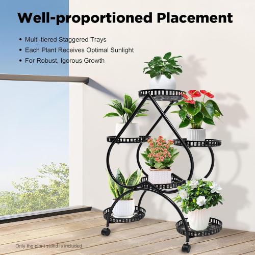 4 Tier Plant Stand, 6 Trays Heart Flower Pot Stand Metal Heart Shaped Plant Shelf with 4 Universal Wheels Indoor Tall Planter Display Shelf for Indoor Outdoor Patio Garden Living Room