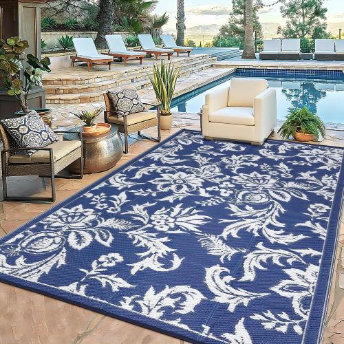 Garvee 9 x 12 Waterproof Outdoor Rug for Patio, Foldable Reversible Modern Area Rug, Floral Large Plastic Straw Mat for Camping, RV, Porch, Backyard, Deck, Picnic, Beach, Dark Blue & White