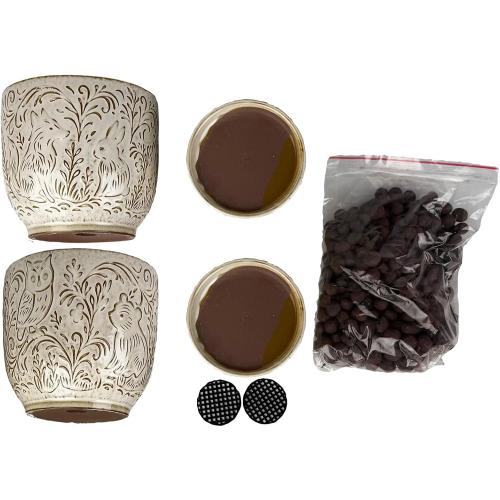 Decorative Ceramic Planter Pot with Saucer, Brown with Gold and Silver Owl Pattern, Indoor Garden Container with Drainage (White, 6 inch)