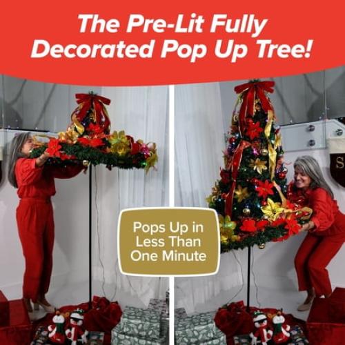 Superstar Santa Pop-Up Christmas Tree, AS-SEEN-ON-TV, Santa Topper Projects North Star, 7 Feet, Opens Instantly, Fully Decorated, Pre-Lit w/ 200 LED Lights, 7 colors, 32 Modes w/ Remote, Stores Flat