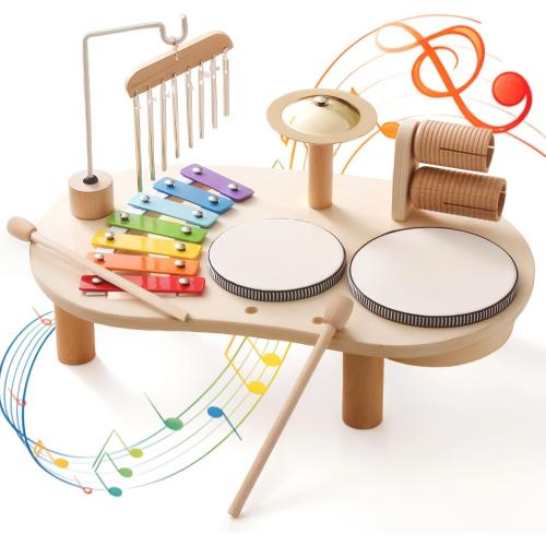 Promise Babe Wooden Musical Instruments for Toddlers 1-3, Percussion Instruments for Kids Baby Drum Set Xylophone, Montessori Educational Musical Toys, Gifts for Girls Boys Ages 3