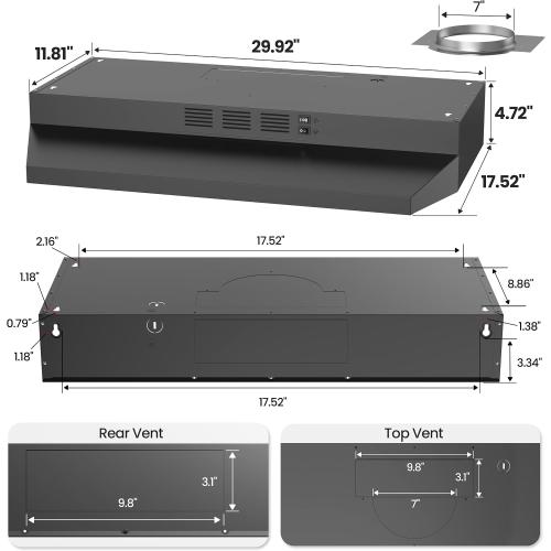 Range Hood 30 inch, Black Under Cabinet Range Hood, Ductless Range Hood Black 30 Inch
