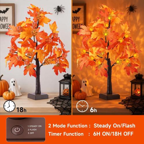 2Pack Fall Lighted Tree with 48 LEDs Battery Operated,Fall Decorations Light Up Artificial Pumpkins Maple Acorn Tree for Fall Thanksgiving Table Harvest Home Indoor Decoration (24inch)