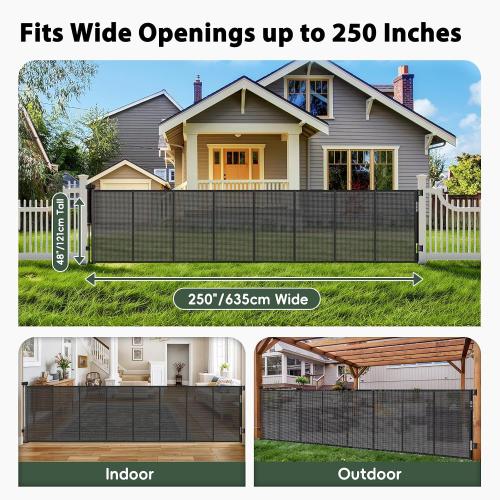 250 Extra Wide Baby Gate Retractable Dog Gate for Deck/Garage/Patio/Yard | 21ft Extra Long Baby Gate Retractable Gates for Dogs, 48 Extra Tall Pet Gate Retractable Fence Outdoor Driveway Gate, Black