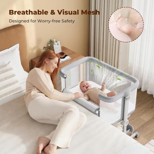 Ezebaby Baby Bassinets Bedside Sleeper, Portable Bedside Bassinet for Baby Newborn Infants with Adjustable 7 Heights and All Mesh Sides, Newborn Crib with Mattress and Soft, Breathable Sheet