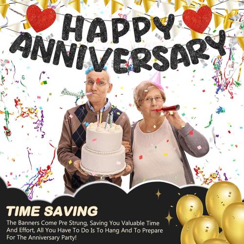 Fulmoon Happy Anniversary Banner Glitter Pre Strung No Dly, Black