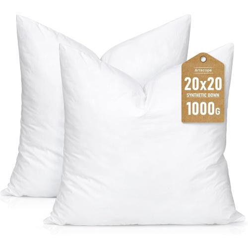 Artscope Synthetic Down Pillow Insert, 20x20 Down Alternative Throw Pillow Insert. Ultra Soft Fluffy Sleeping Pillow with 100% Cotton Cover, Decorative Pillows Set of 2-White.