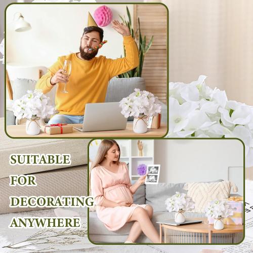 Geelin 2 Set Artificial Hydrangea Flowers with Glass Vase Faux Silk Hydrangeas Flowers Heads with Stems Floral Bouquets Vase Gifts for Home Wedding Baby Shower Centerpieces Table Decor(White)