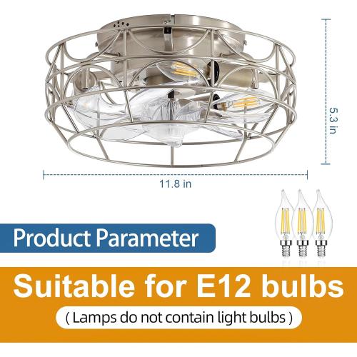 Nickel Caged Ceiling Fans with Lights and Remote,6 Speeds,12 inch Industrial Flush Mount Ceiling Fan with Light, Modern Bladeless Fan Lights Ceiling Fixtures for Kitchen, Bedroom,Indoor