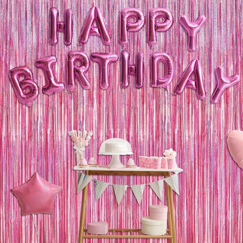 2 Pack Glitter Pink Backdrop, 3.28 FT x 7.05 FT Birthday Party Decorations, Laser Pink Fringe Curtains Foil Streamer Tinsel, Pink Curtains Photo Backdrop Happy Birthday Valentines Day Backdrop