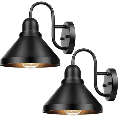 Brightever Gooseneck Outdoor Light Fixtures, 2-Pack Farmhouse Barn Lights for Porch, Industrial Black Exterior Wall Sconce for Garage, Patio, E26 Base Anti-Rust, Bulb not Included